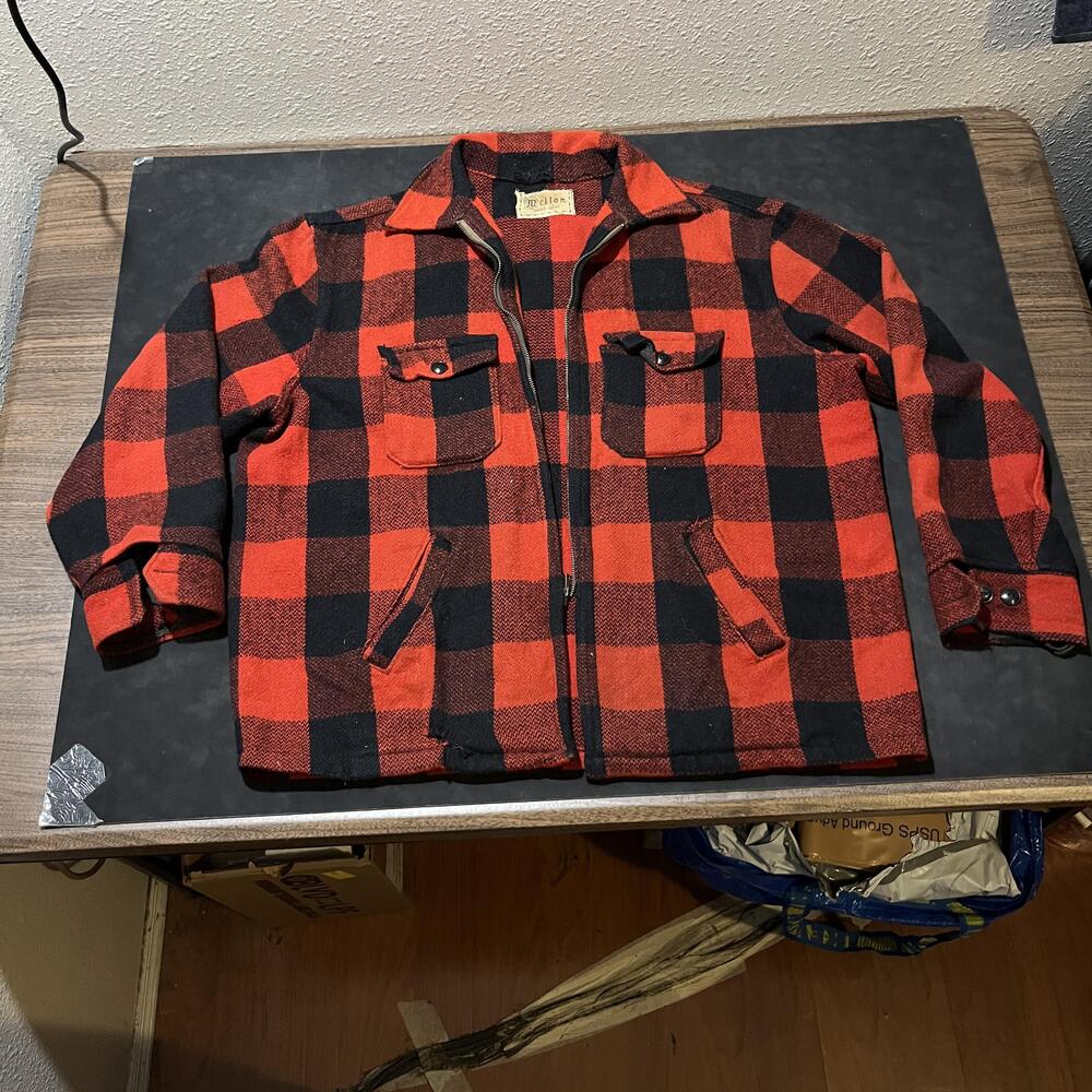 Vintage Melton Mackinaw 50s Jacket Mens Medium Red Black Buffalo Plaid Wool Zip